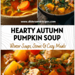 A rustic bowl of chunky pumpkin chicken soup with fresh herbs and colorful fall vegetables.